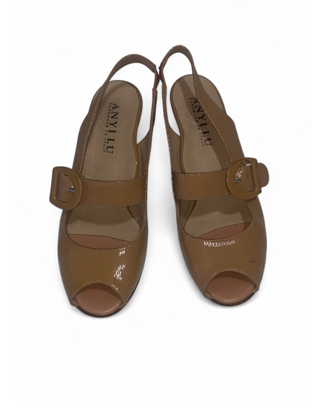 Anyi Lu Tulip Patent Leather Slingback Kitten Heels in Caramel